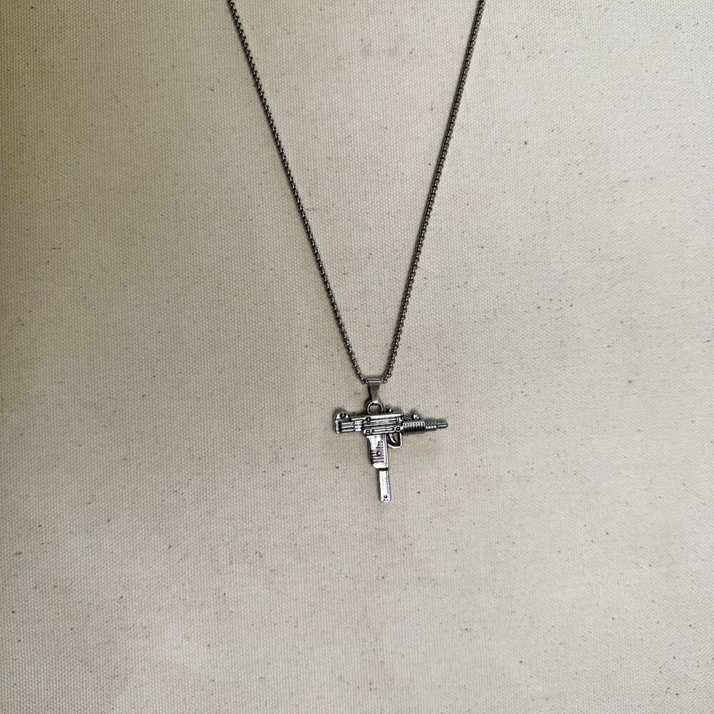 Y2K Silver Stainless Steel Uzi Necklace Urban Pendant Unisex Streetwear New - Picture 10 of 10